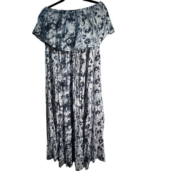 Japna Blue Floral Tie Dye Boho Strapless Smocked Flowy Maxi Dress Size Large - Picture 7 of 9
